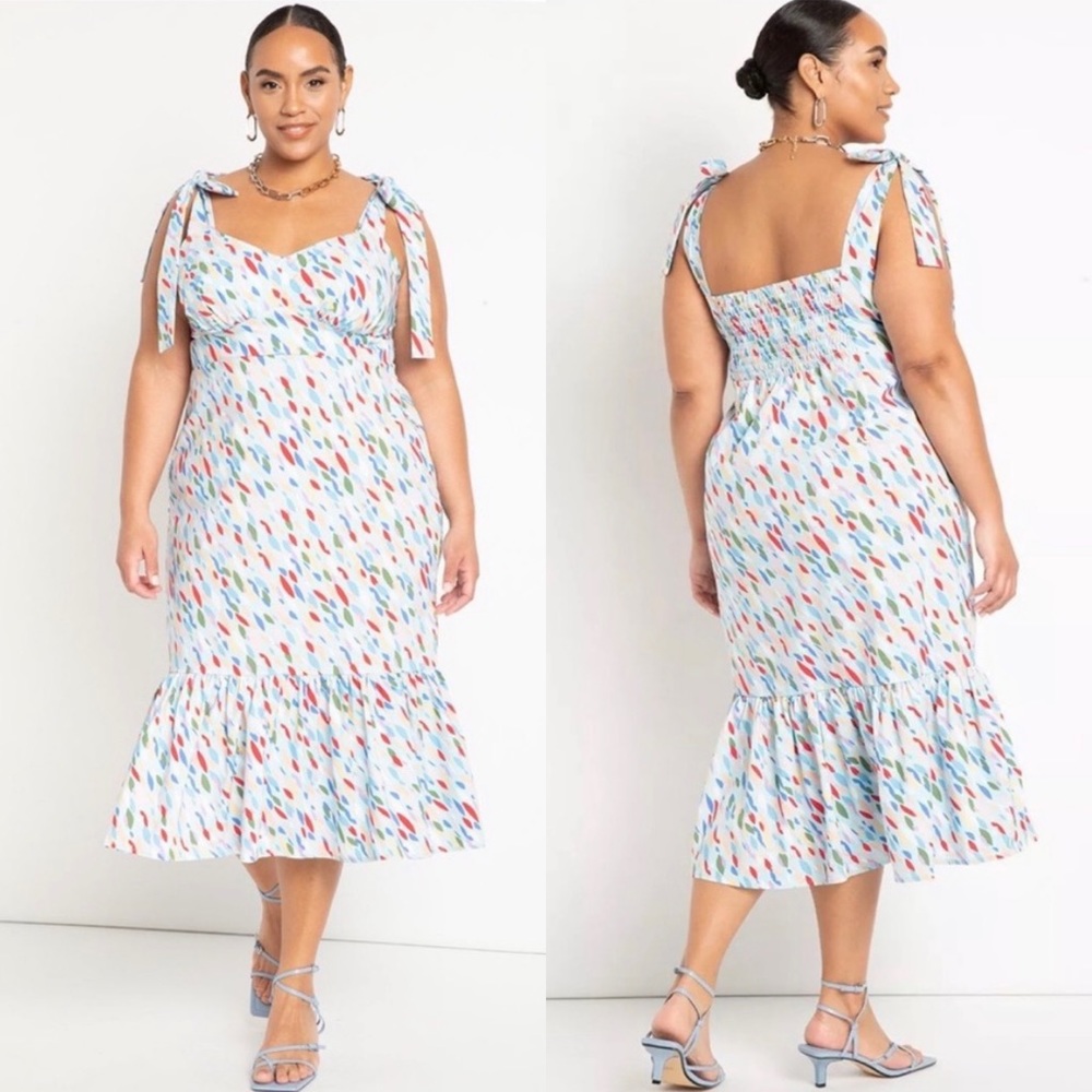 Eloquii Tie Strap Geometric Polka Dot Midi Dress Blue